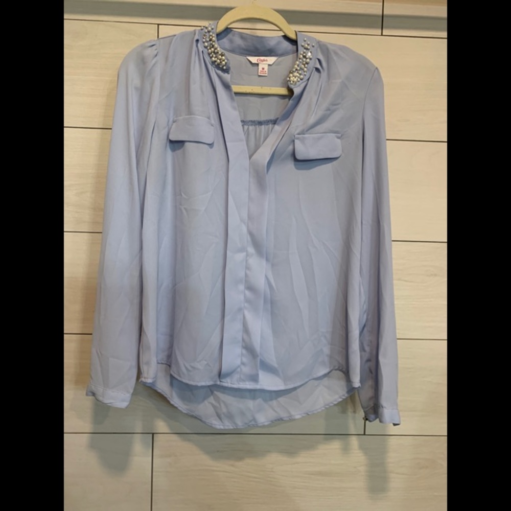 Light Blue Blouse with Pearl Collar